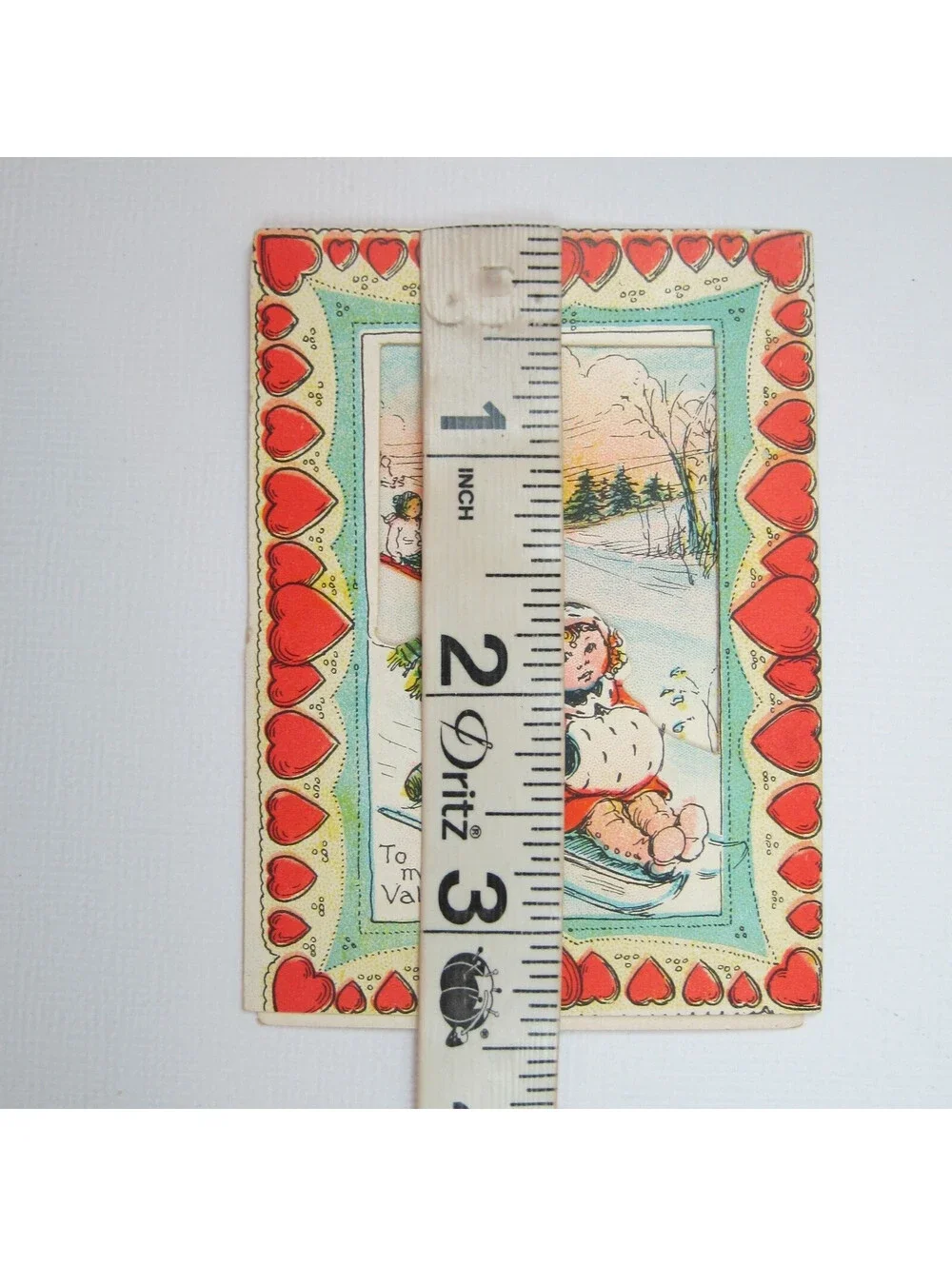 Vintage Valentine Die cut Fold 3D Card Girl Boy Snow Sledding 1920s-30s UNSIGNED
